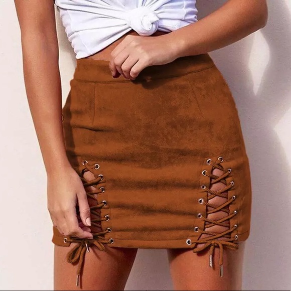 Mono B Dresses & Skirts - One Left! HP! New! ☆ Super Cozy Burnt Orange Fall Lace Up Mini Skirt